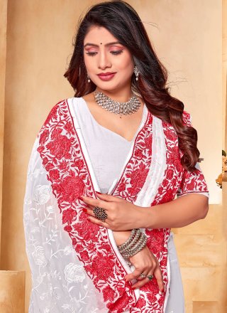White Georgette Classic Sari with Embroidered and Resham Work for Women