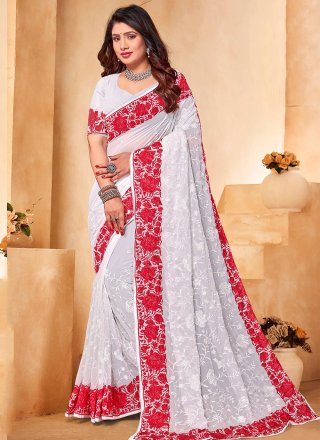 White Georgette Classic Sari with Embroidered and Resham Work for Women