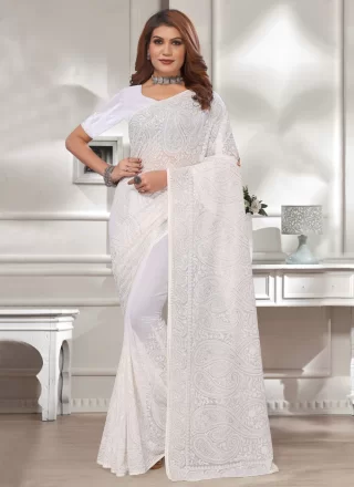 White Georgette Contemporary Saree with Embroidered and Resham Work for Ceremonial