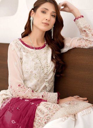 White Georgette Embroidered and Resham Work Pakistani Salwar Suit for Women