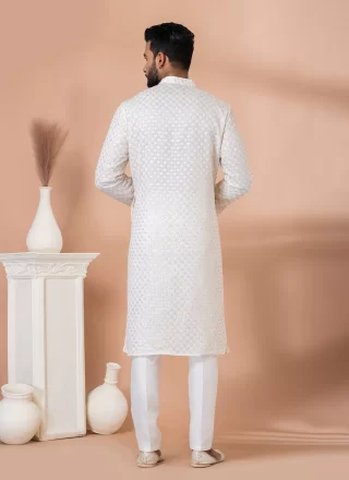 White Georgette Embroidered and Sequins Work Kurta Pyjama for Ceremonial