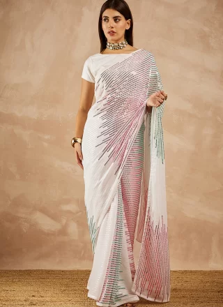 White Georgette Embroidered and Sequins Work Shaded Saree for Ceremonial