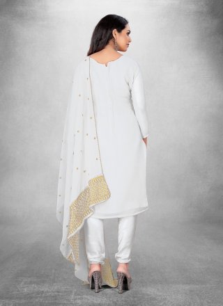 White Georgette Embroidered and Zari Work Churidar Suit
