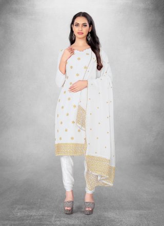 White Georgette Embroidered and Zari Work Churidar Suit