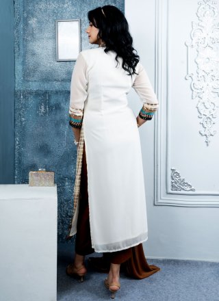 White Georgette Embroidered, Mirror, Print and Zari Work Readymade Salwar Suit