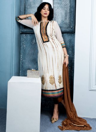 White Georgette Embroidered, Mirror, Print and Zari Work Readymade Salwar Suit