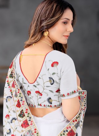 White Georgette Embroidered, Mirror, Sequins and Zari Work Contemporary Sari for Ceremonial