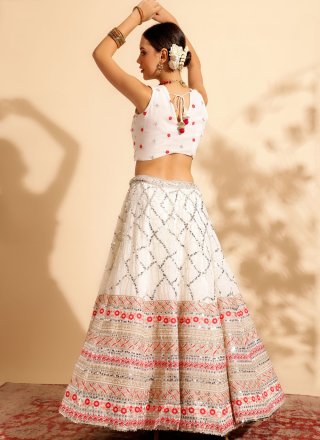 White Georgette Embroidered, Sequins and Thread Work Readymade Lehenga Choli for Women