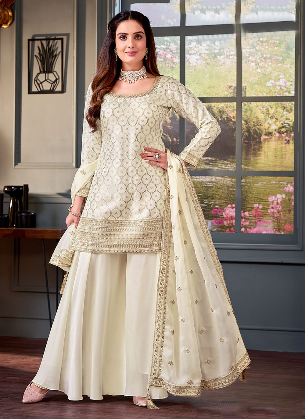 White Georgette Kurta Palazzo With hot Sequence Thread And Zari Work With Georgette Dupatta For Women , Punjabi Suit , Palazzo Suit , Palazzo S