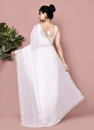 White Georgette Hand Work Contemporary Saree for Ceremonial