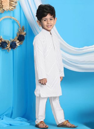 White Georgette Kurta Pyjama with Mirror Work for Kid