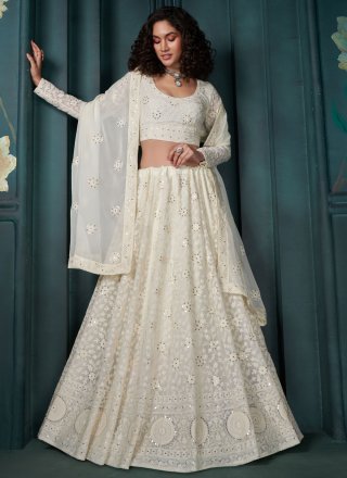 White Georgette Lehenga Choli with Embroidered and Sequins Work