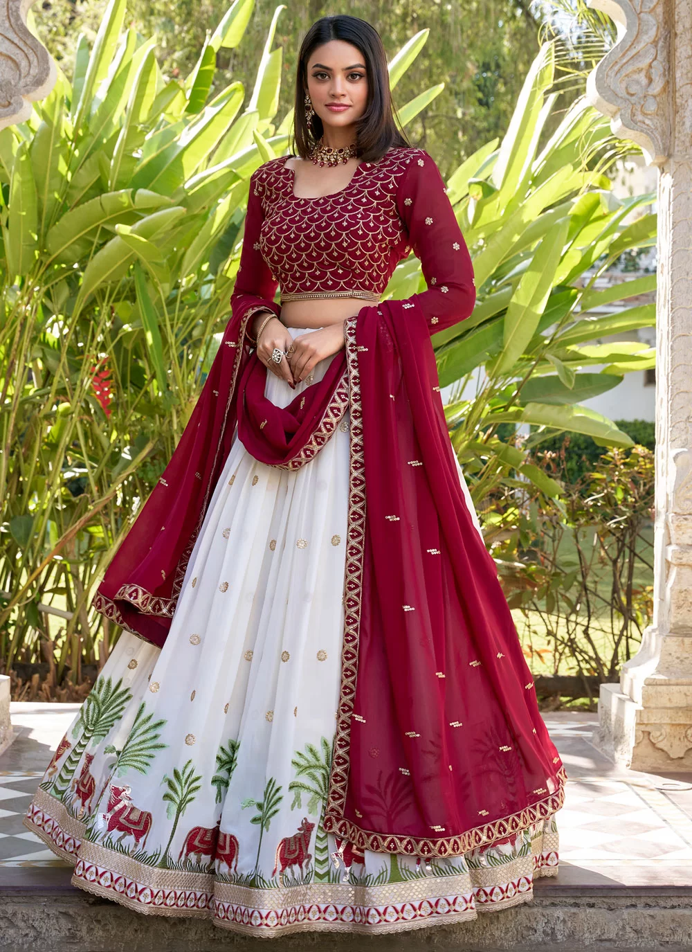 Shop White Georgette Lehenga Choli with Embroidered, Sequins and