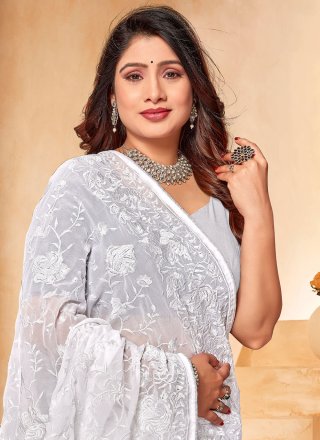 White Georgette Trendy Saree with Embroidered and Resham Work