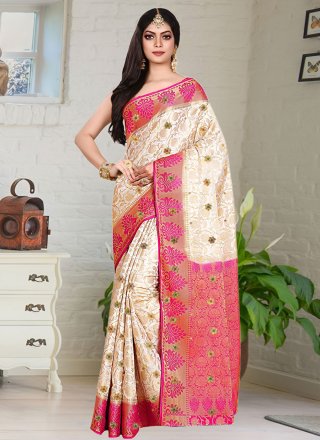 White Kanjivaram Silk Embroidered Work Contemporary Saree