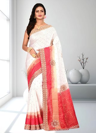 Akaroa White and Red Zari Woven Kanjivaram Saree – MySilkLove