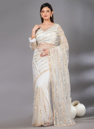 White Net Classic Sari with Embroidered and Sequins Work
