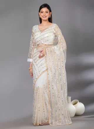 White Net Classic Sari with Embroidered and Sequins Work