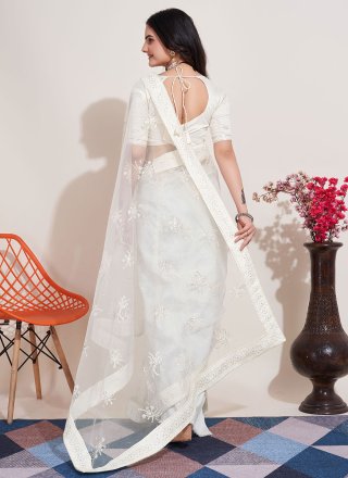 White Net Trendy Saree with Embroidered and Sequins Work