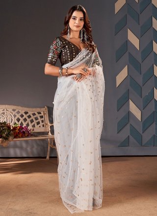White Net Trendy Saree with Embroidered and Sequins Work for Women