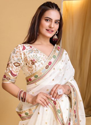 White Organza Designer Sari with Patch Border, Embroidered and Sequins Work for Ceremonial