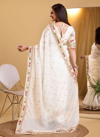 White Organza Designer Sari with Patch Border, Embroidered and Sequins Work for Ceremonial