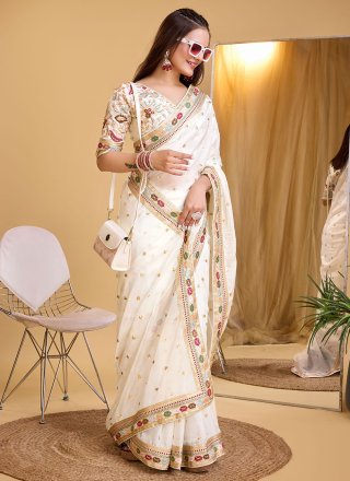 White Organza Designer Sari with Patch Border, Embroidered and Sequins Work for Ceremonial