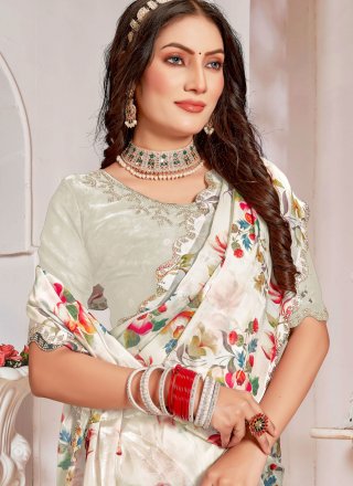 White Organza Patch Border, Cut and Zircon Work Contemporary Sari