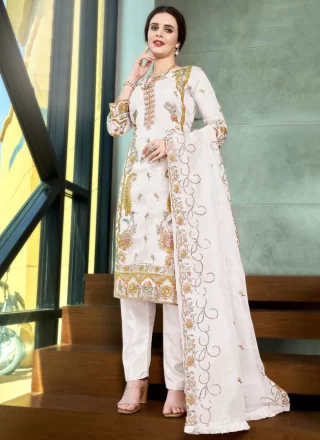White Organza Salwar Suit with Embroidered and Moti Work for Women