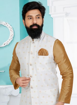 White Print Work Banarasi Silk Nehru Jackets