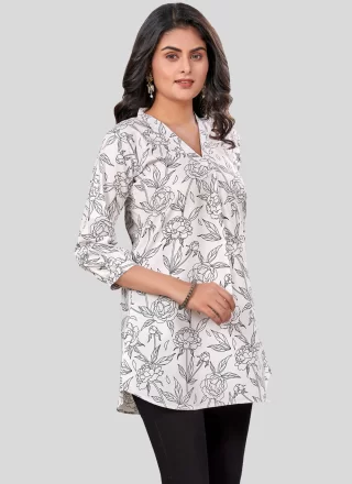White Pure Crepe Print Work Casual Kurti for Casual