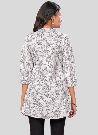 White Pure Crepe Print Work Casual Kurti for Casual