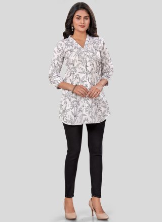 White Pure Crepe Print Work Casual Kurti for Casual