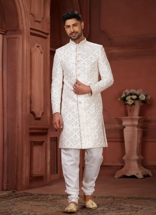 White Pure Silk Embroidered, Hand and Sequins Work Sherwani Mens Wear for Ceremonial