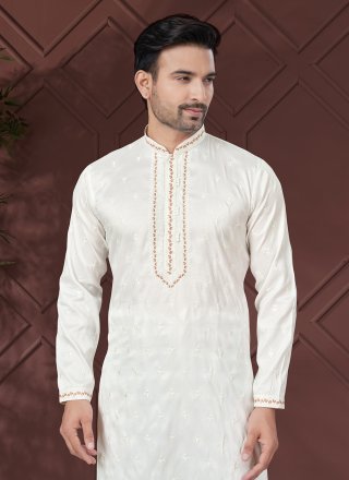White Pure Silk Kurta Pyjama with Embroidered and Sequins Work for Engagement