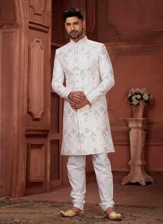 White Pure Silk Sherwani Mens Wear with Embroidered, Hand and Sequins Work