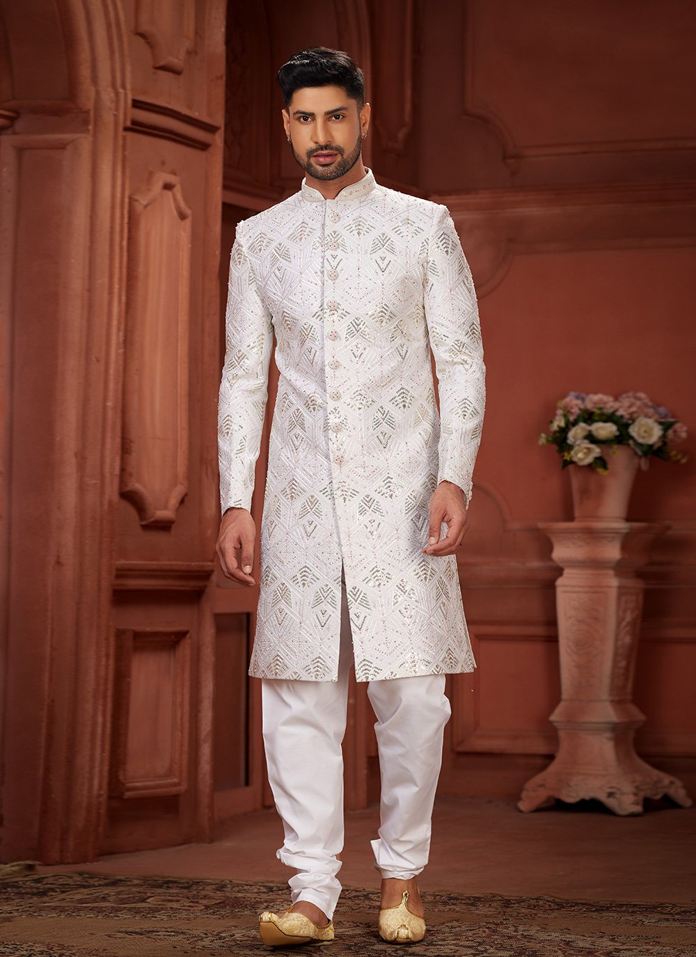 Buy Online White Pure Silk Sherwani Mens Wear with Embroidered Hand and Sequins Work 287222