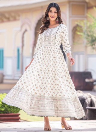White Rayon Gown with Digital Print Work for Women