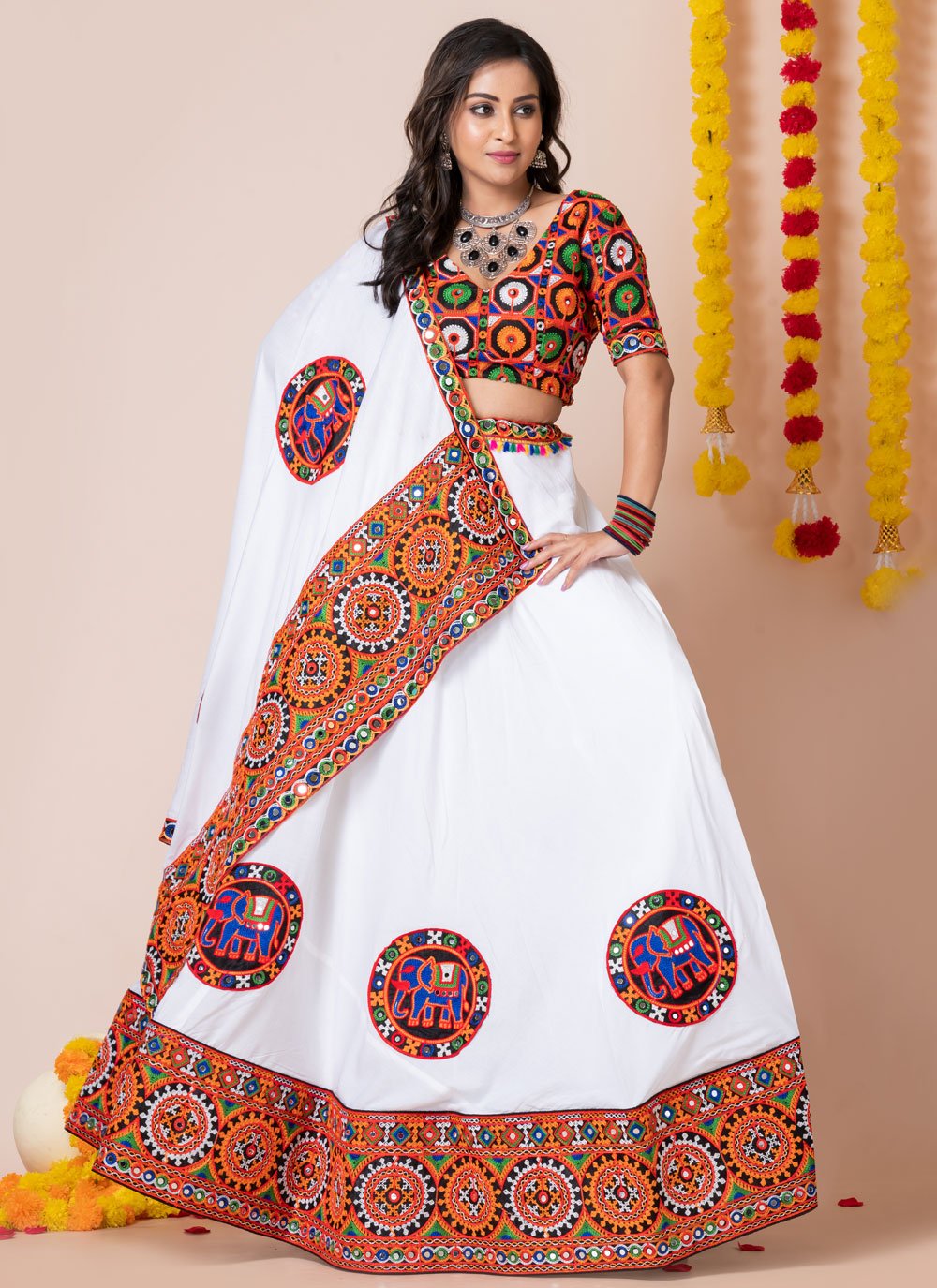 White Rayon Lace, Machine Embroidery, Mirror and Patch Border Work Lehenga  Choli for Women