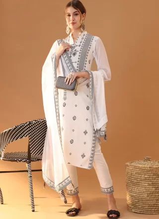 White Rayon Readymade Salwar Suit with Block Print Work
