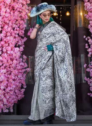White Satin Classic Saree with Print Work for Women