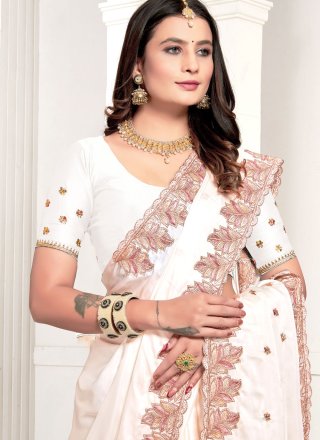 White Satin Embroidered, Resham and Zari Work Designer Saree