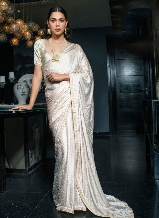 White Satin Floral Patch and Woven Work Classic Saree for Ceremonial