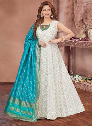 White Silk Embroidered and Print Work Gown for Engagement