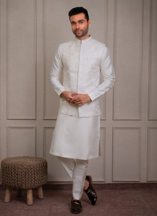 White Silk Embroidered Work Kurta Payjama with Jacket