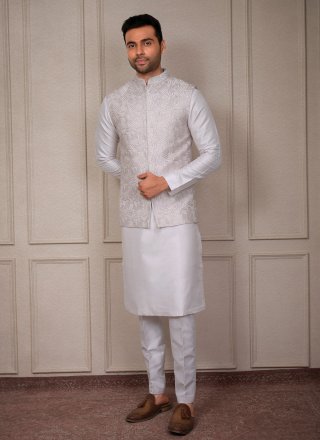 White Silk Embroidered Work Kurta Payjama with Jacket