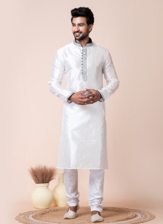 White Silk Kurta Pyjama with Buttons Work for Men