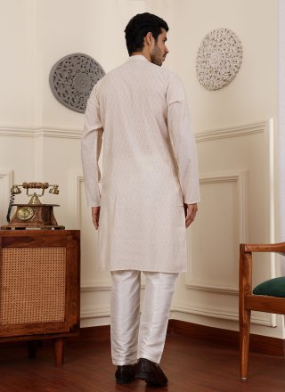 White Silk Kurta Pyjama with Woven Work for Casual