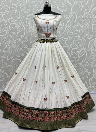 White Silk Lehenga Choli with Embroidered, Fancy, Sequins and Thread Work