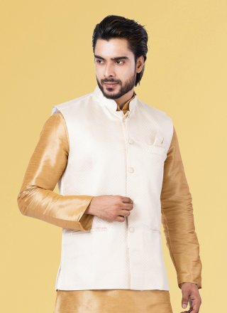 White Silk Nehru Jackets with Diamond Work for Men